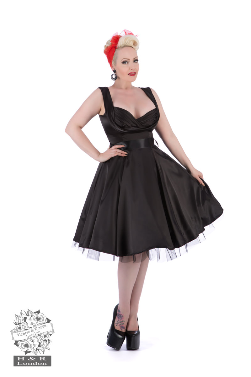 Smooth Black Satin Halter Swing Dress